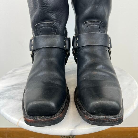 Frye Harness Black Leather Moto Mid-Calf Block Heel Square Toe Boots (Sz 10) - Picture 11 of 14